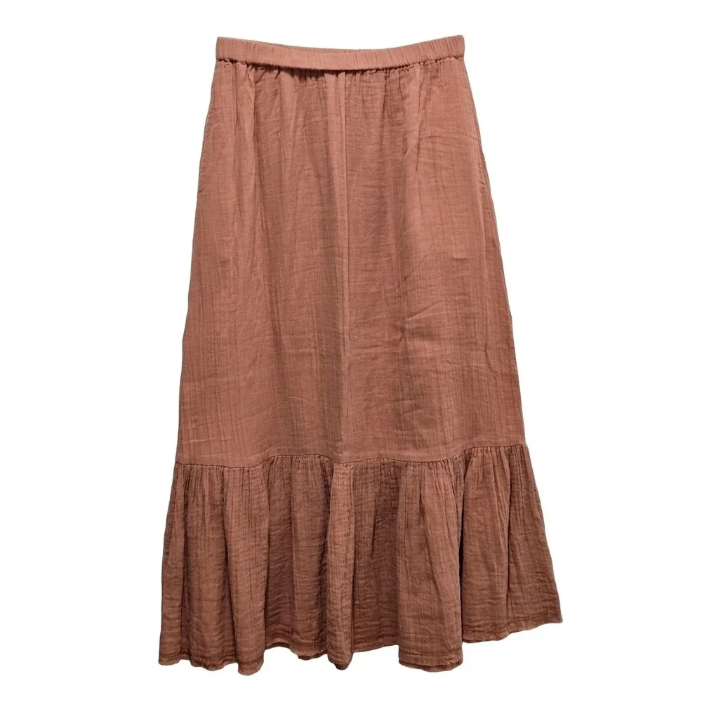 LILLA P Double Gauze Skirt Terracotta Brown Organic Cotton Midi Tiered XS